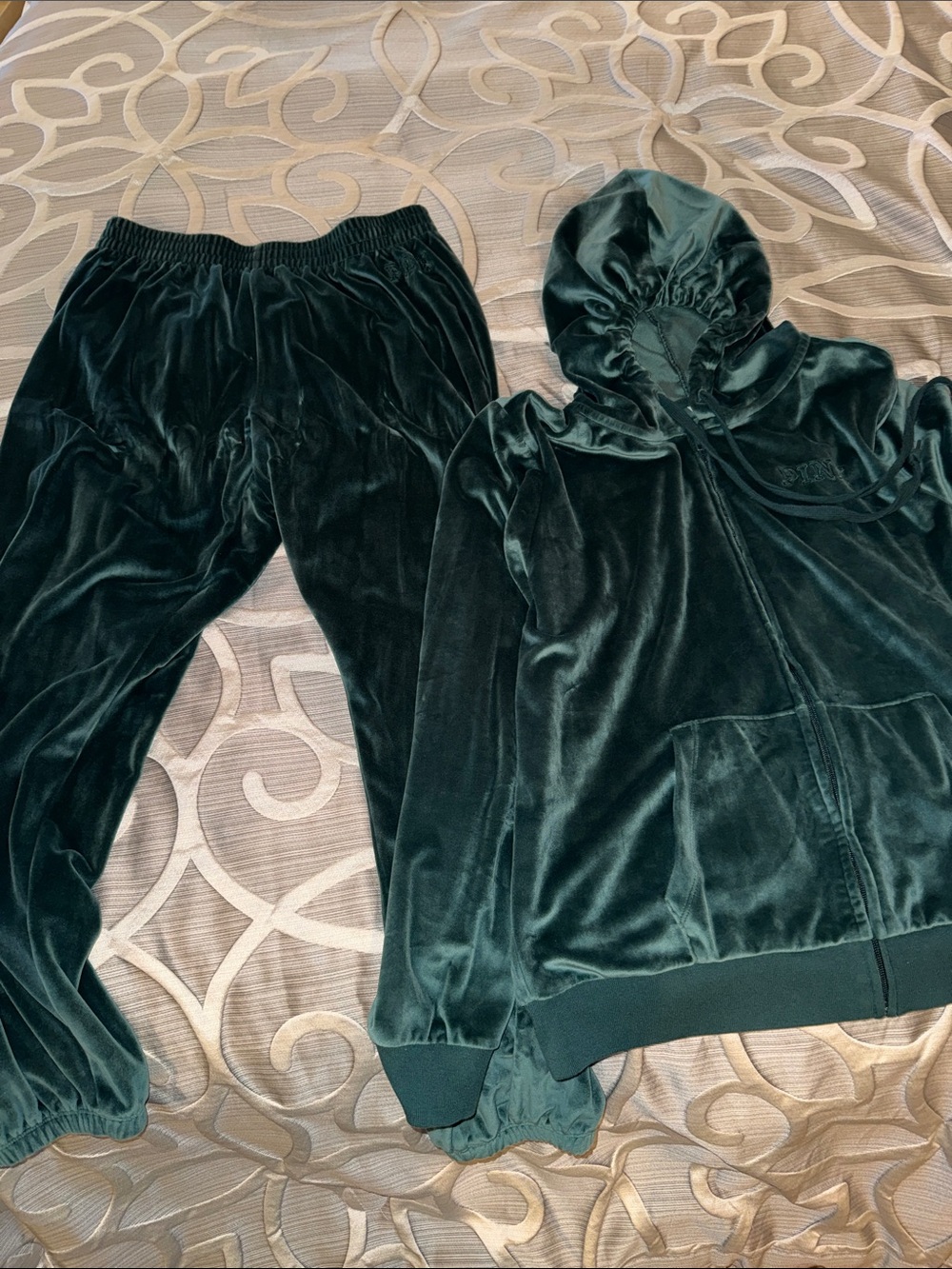 PINK Victoria's Secret Dark Green Velvet Hoodie & Joggers Set